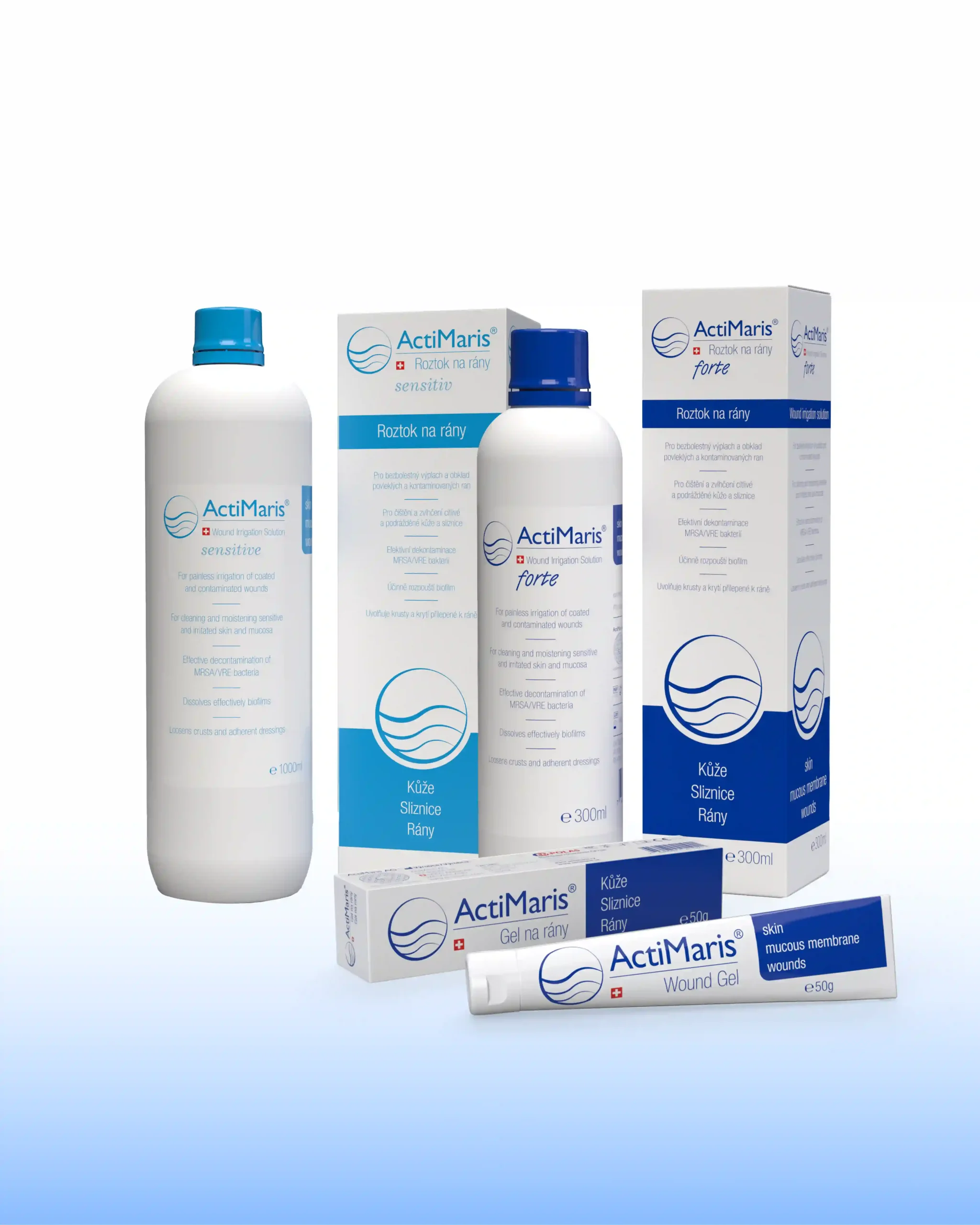 Produkty ActiMaris roztoky Sensitiv a Forte, ActiMaris gel na světlém pozadí Produkty ActiMaris roztoky Sensitiv a Forte, ActiMaris gel na světlém pozadí