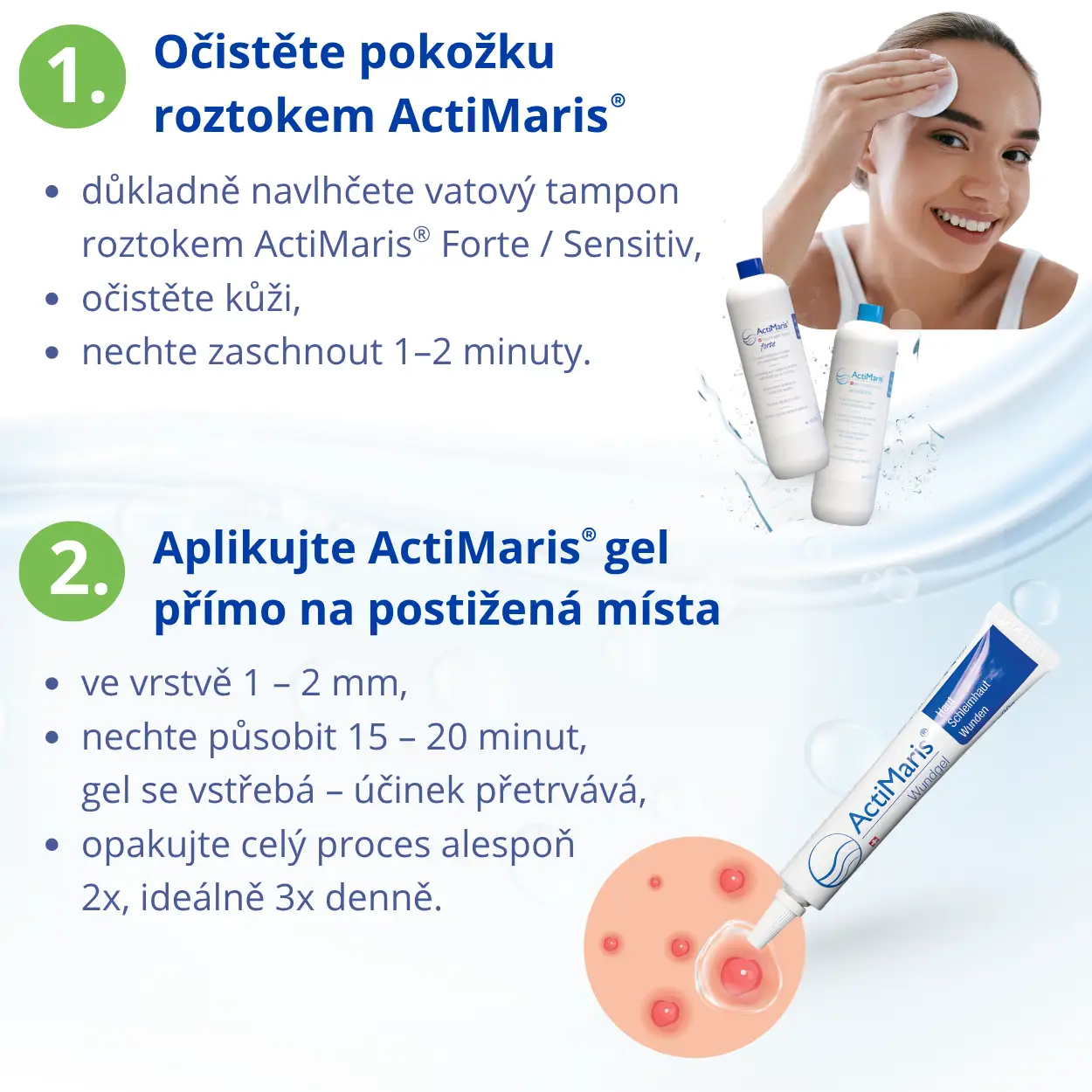 Postup při použití actimaris roztoku a gelu při problémy s akné