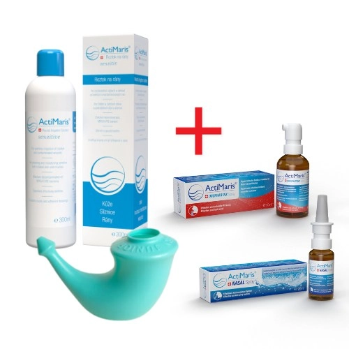 Sada ActiMaris: roztok Sensitiv 300 ml, rhino konvička, Nasal sprej a Oropharynx sprej