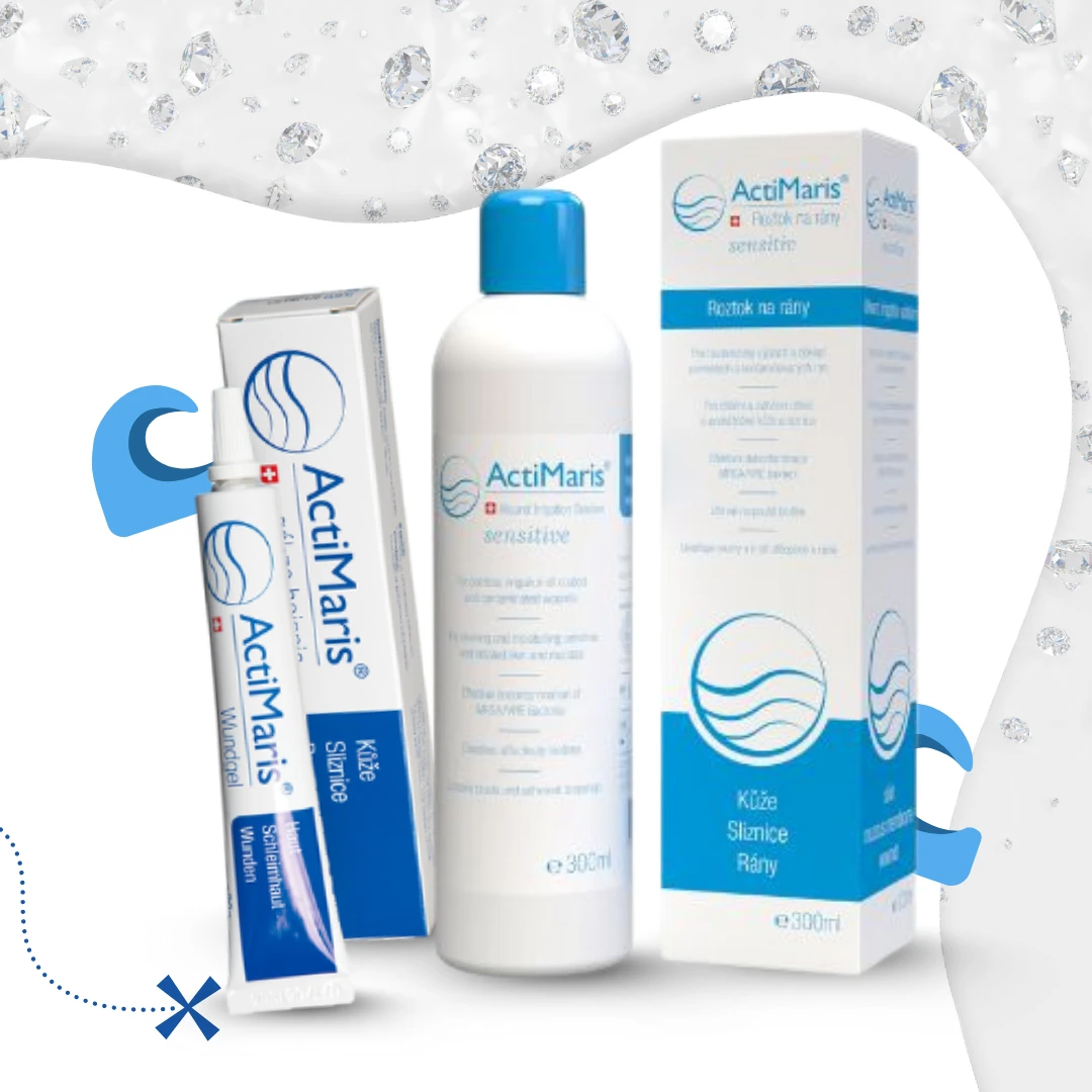 Balíček produktů ActiMaris na ozadí s diamanty