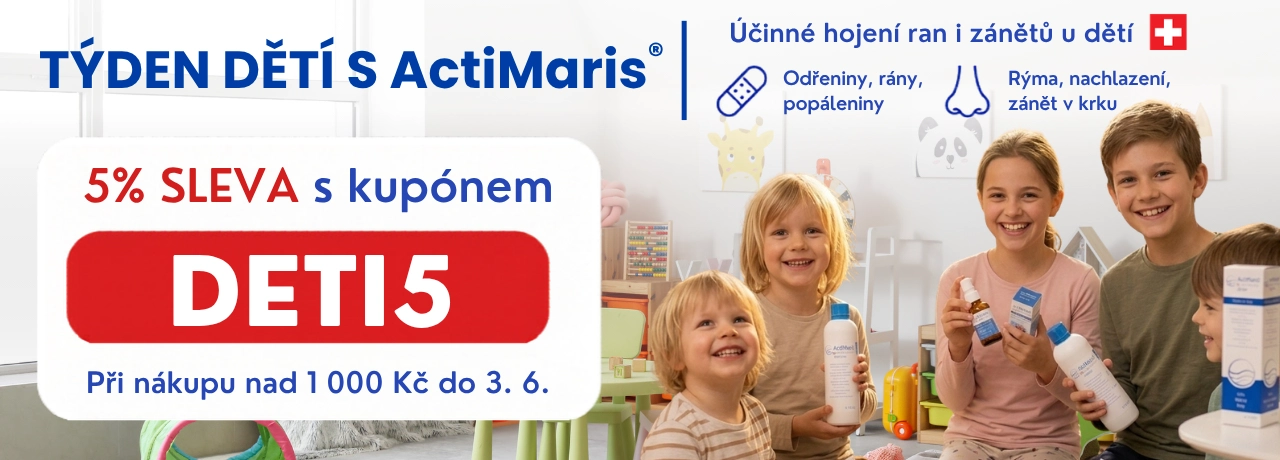 Reklamní banner na týden dětí na actimaris, v pravo děti s produkty actimaris, vlevo upozornění na slevu 5% při nákupua nad 1 000 Kč. 